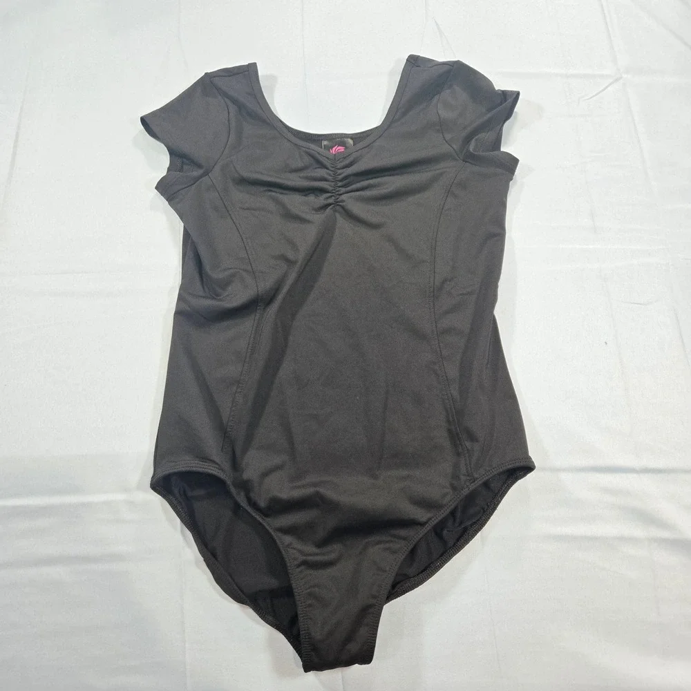 Rainbeau Moves Girls Black Short Sleeve Pinch Front Dance Leotard XL RB6827G